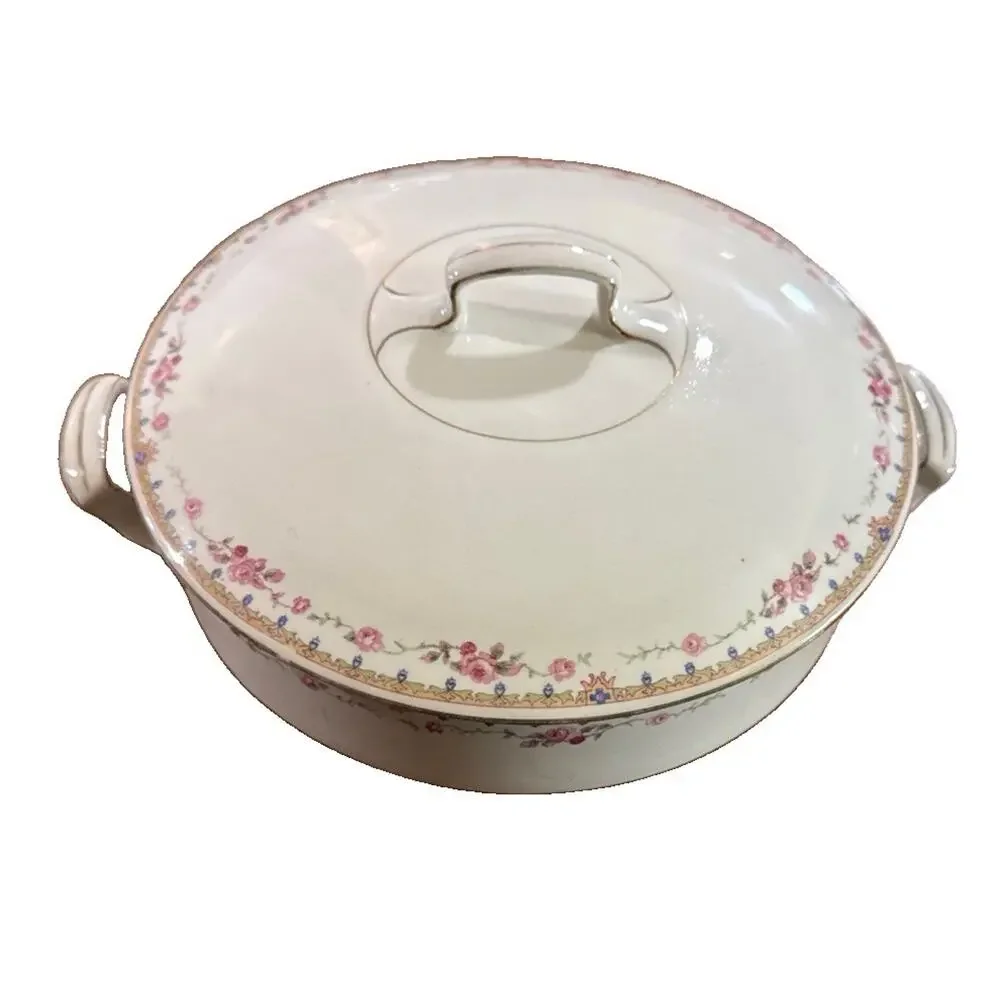 Antique J&G Meakin Hanley England Covered Vegetable Bowl Pink Rose Garland 8